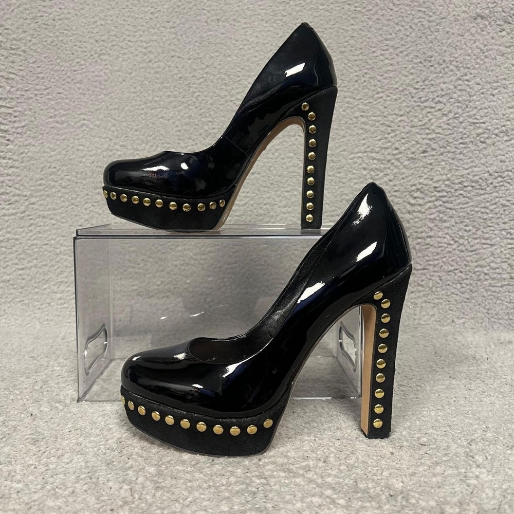 Vince Camuto Pump High Heel Size 7 Black Patent Leather Gold Studded Platform